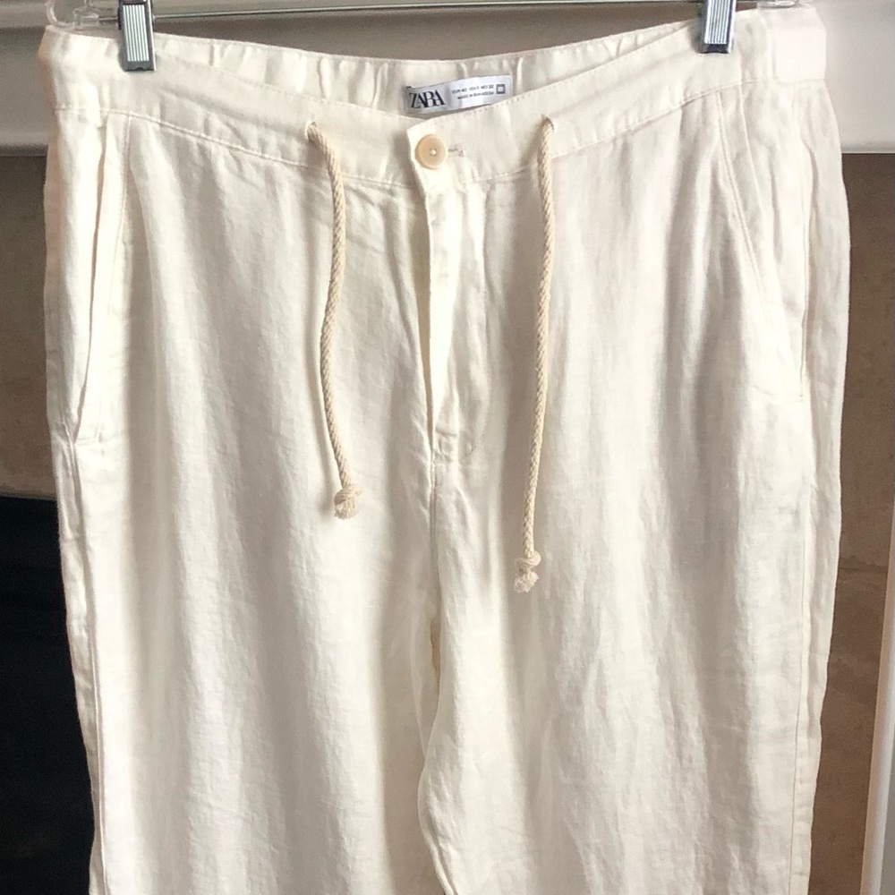 Zara Pants Women’s Linen Size 32 Stretchy Drawstrings White = K